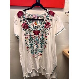 Johnny Was White with pink and teal embroidered flowers Blouse